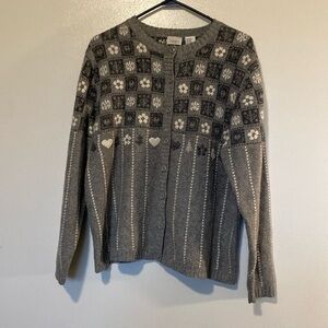 Summit Hill wool hearts and flowers tree full button down gray sweater